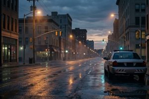 Пустая городская улица вечером с патрульным автомобилем