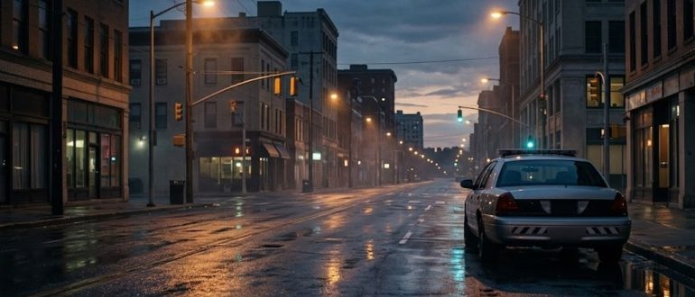 Пустая городская улица вечером с патрульным автомобилем